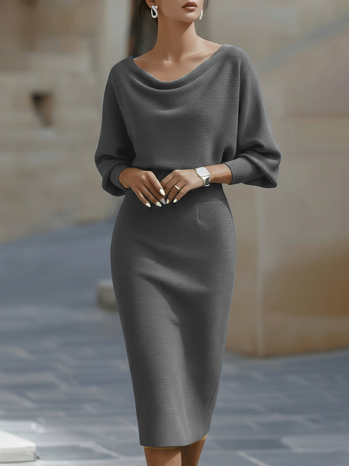 Eliza - Robe midi élégante à col drapé et manches longues amples