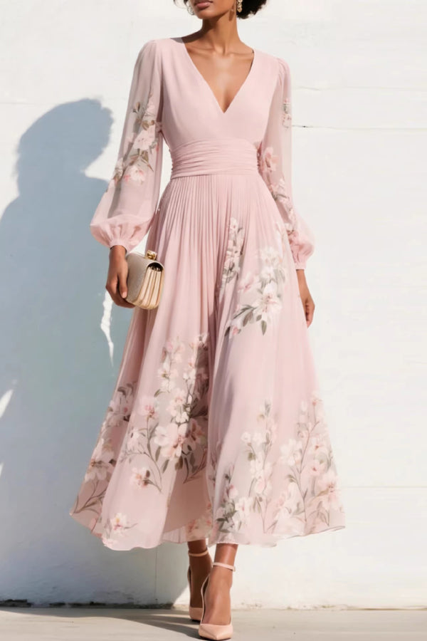 Liza - Robe longue élégante à imprimé floral avec col en V, manches longues et taille ajustée