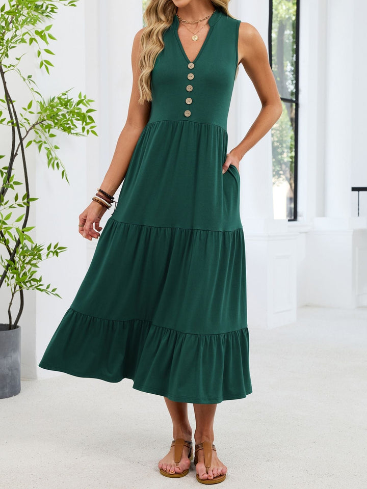 Vanira - Robe midi décontractée ample sans manches à col échancré et volants étagés