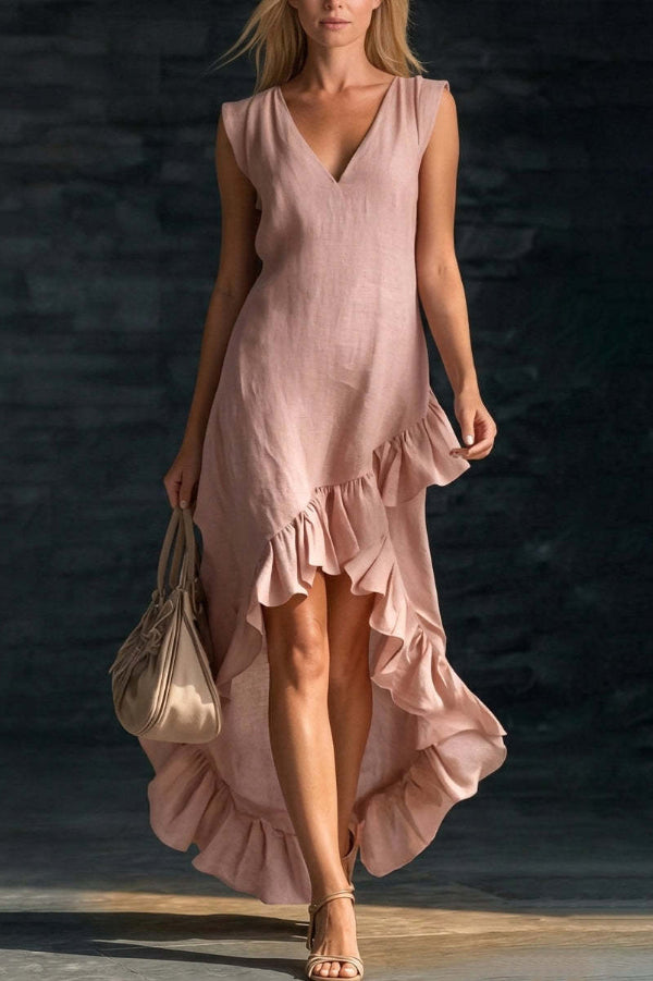 Velinda - Robe longue élégante et ample à col en V sans manches avec ourlet volanté