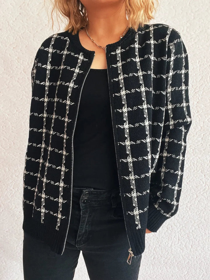 Veronique - Cardigan cosy à carreaux avec fermeture éclair