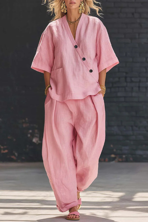 Wendelynn - Ensemble ample décontracté avec haut col en V à manches courtes et pantalon