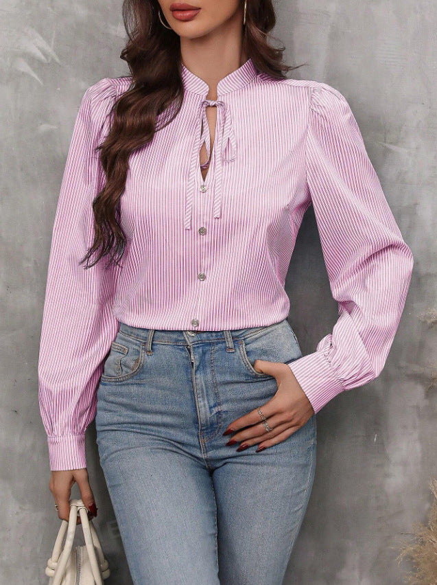 Audrey - Blouse élégante rayée à manches longues avec col V et boutons