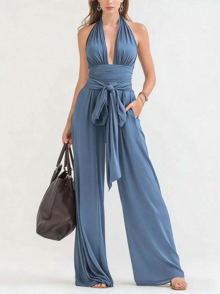 Alynna - Combinaison élégante à col halter, col V, taille nouée et jambes larges