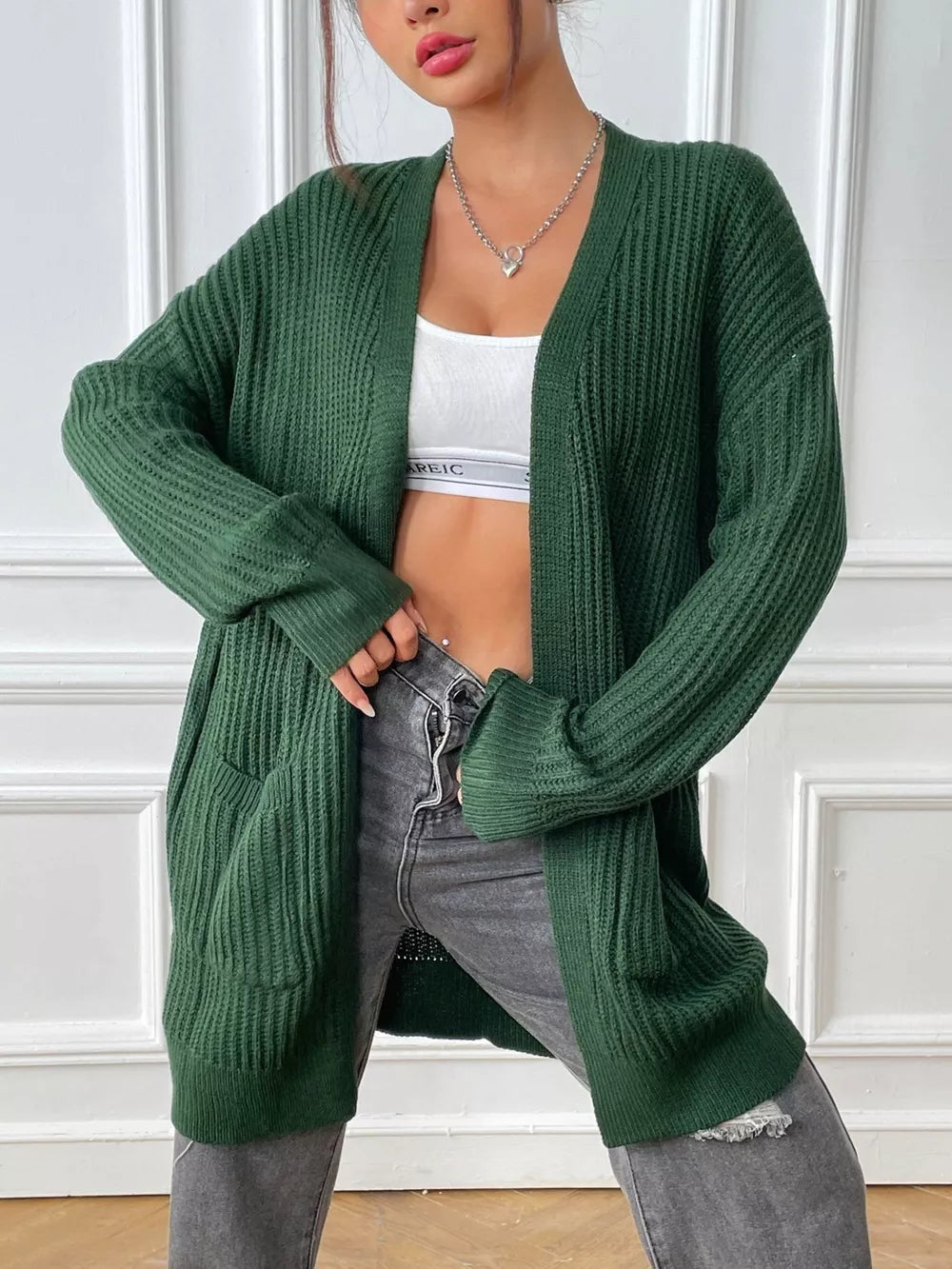 Kacy - Cardigan élégant en maille côtelée à épaules tombantes