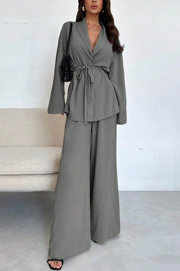 Whilma - Ensemble élégant blouse ample à manches longues avec taille nouée et pantalon large