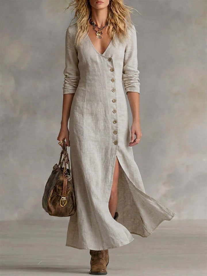 Hannelie - Robe élégante à col V manches longues avec boutons