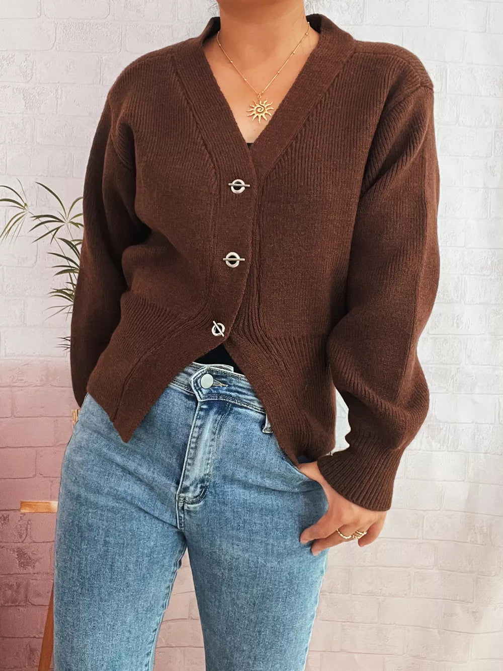 Michaela - Cardigan élégant en maille côtelée boutonné manches longues