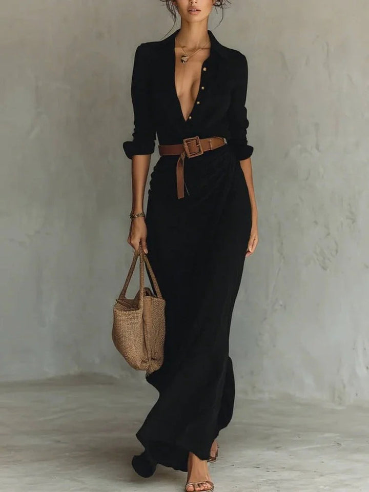 Wendolyn - Robe maxi élégante portefeuille à manches longues avec ceinture
