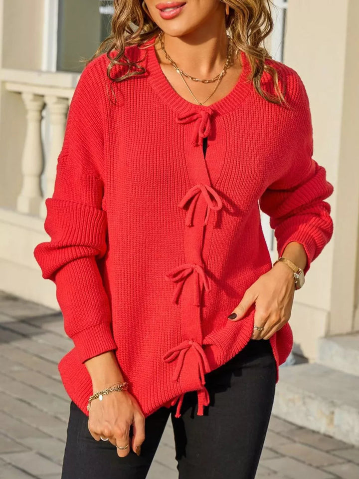 Keziah - Cardigan cosy en maille côtelée avec nœud à nouer
