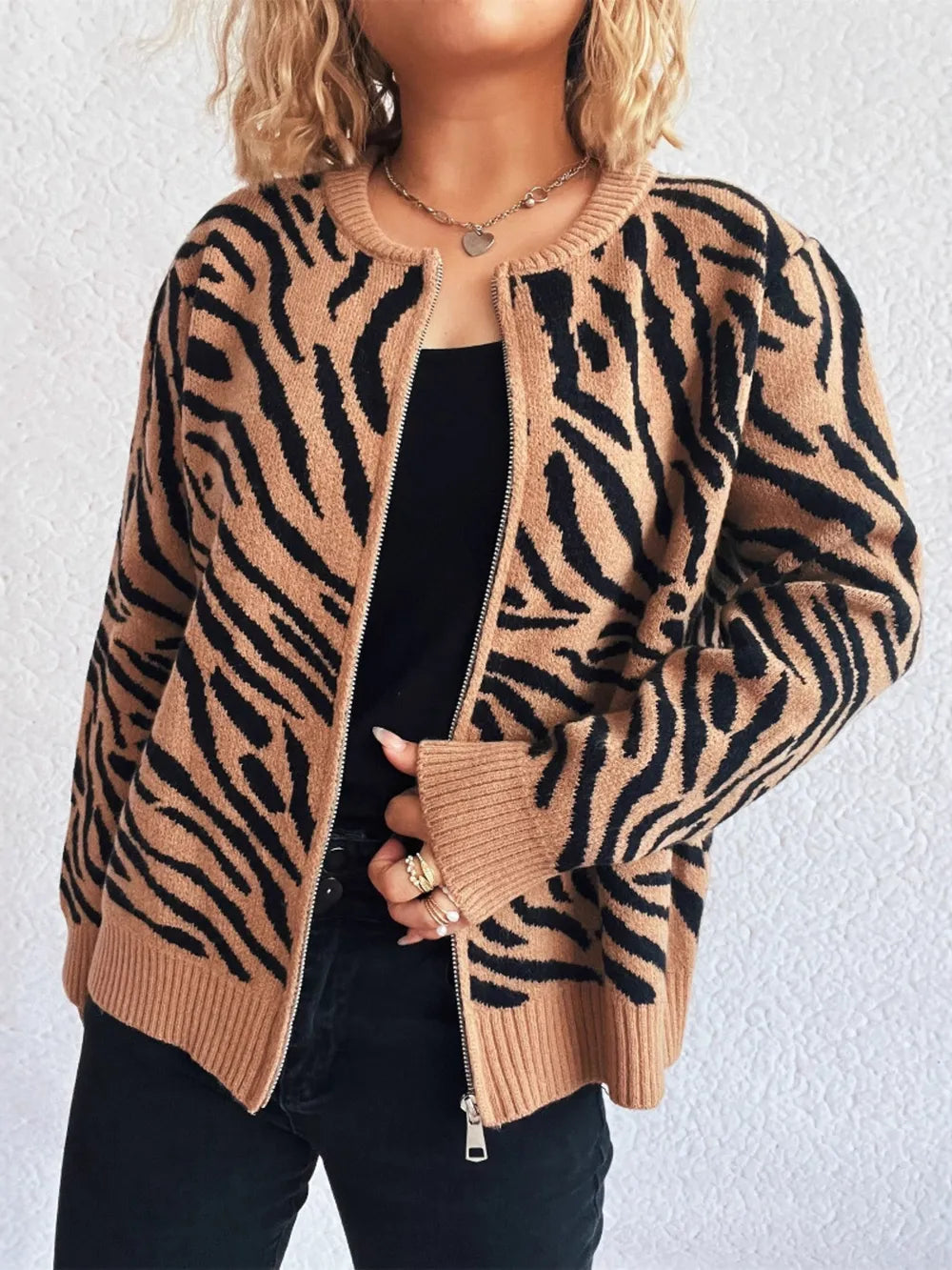 Beatrice - Cardigan chaud zippé à imprimé zèbre
