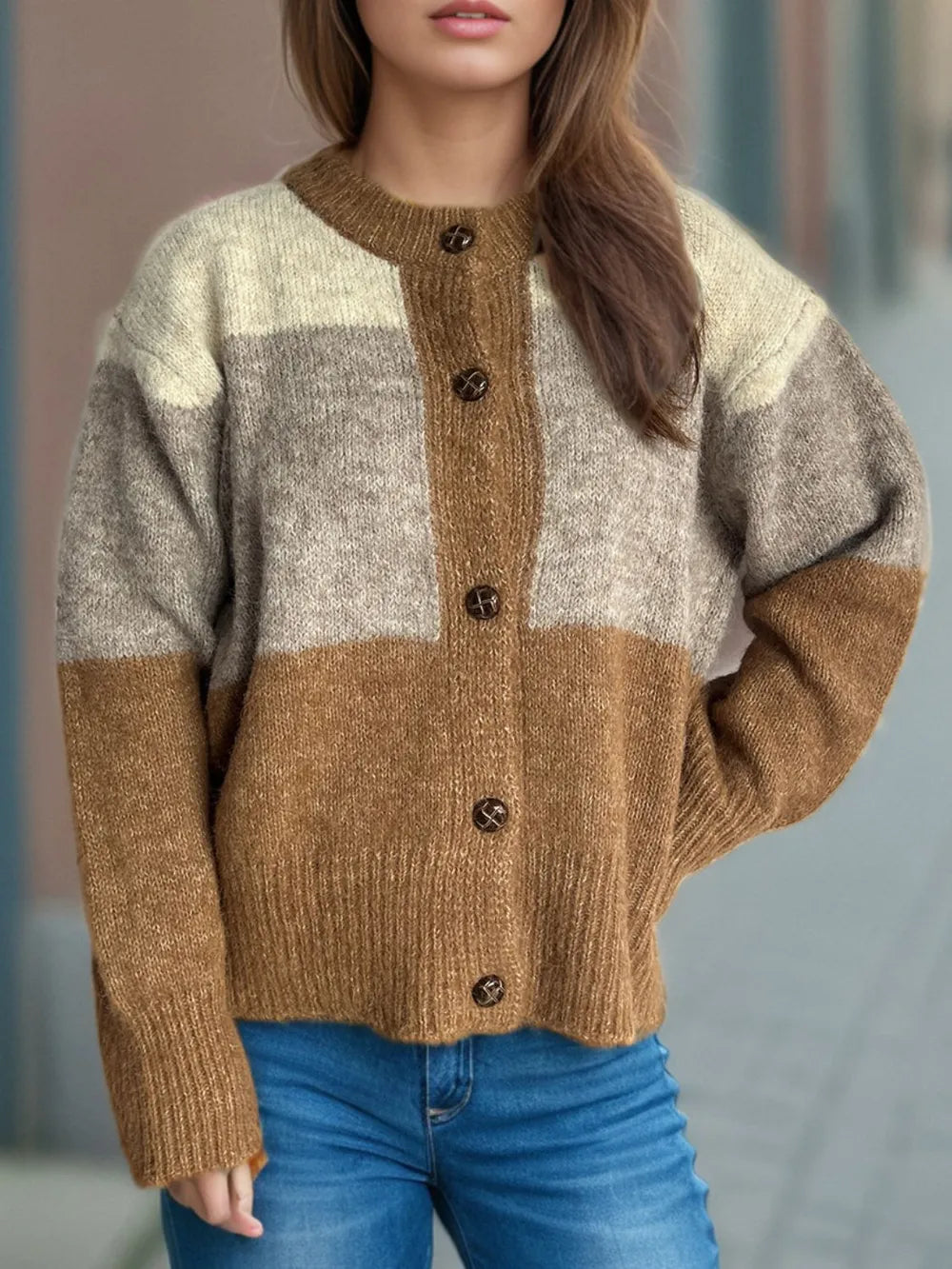 Ysabella - Cardigan décontracté chaud color block col rond boutonné