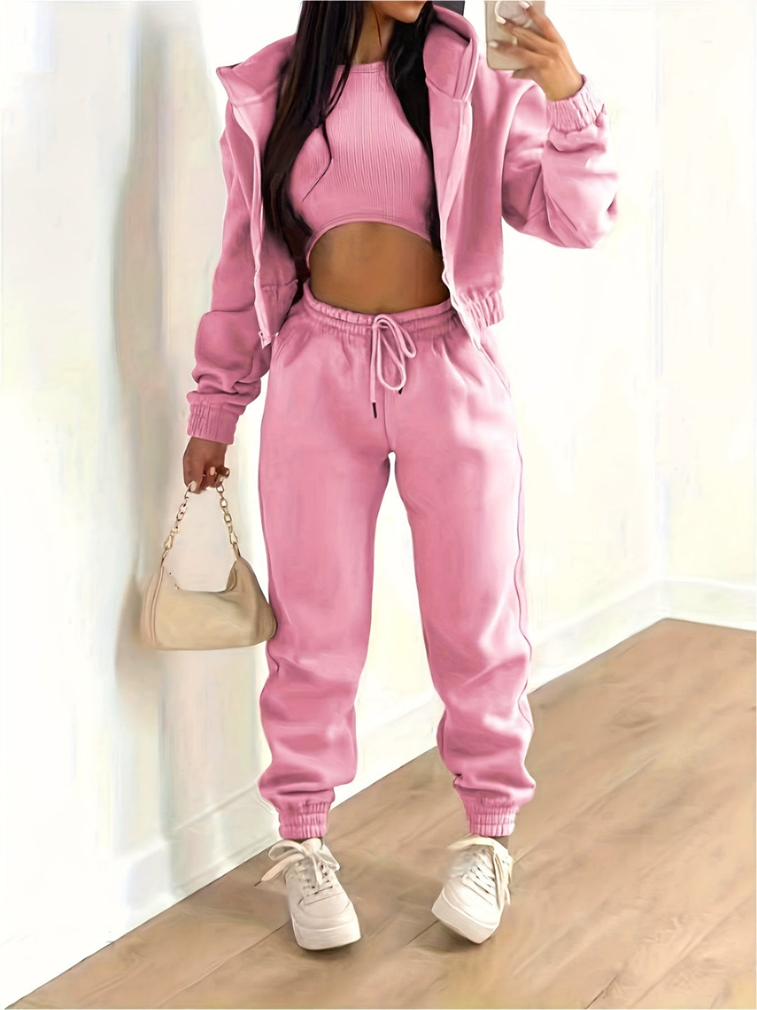 Antonia - Ensemble décontracté élégant avec crop top, veste à capuche et pantalon jogging