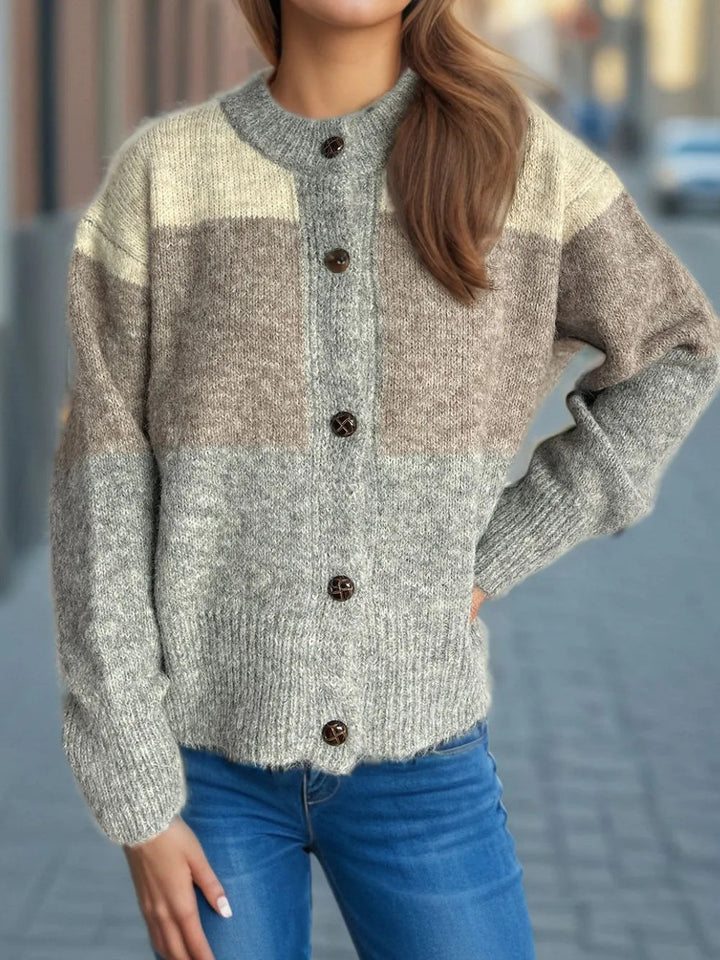 Ysabella - Cardigan décontracté chaud color block col rond boutonné