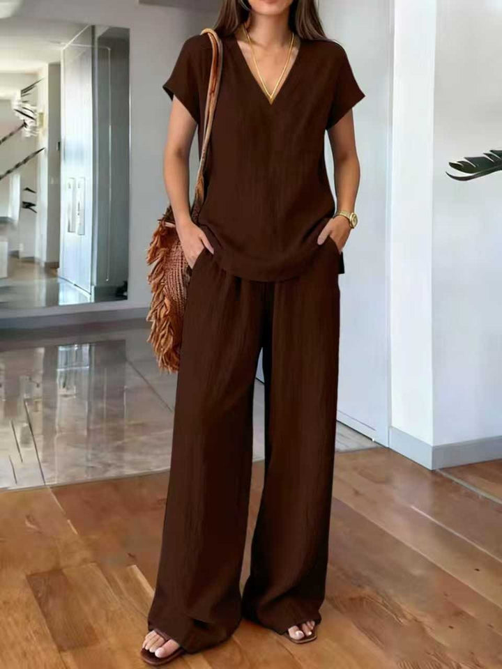 Wildina - Ensemble t-shirt col en V à manches courtes et pantalon large