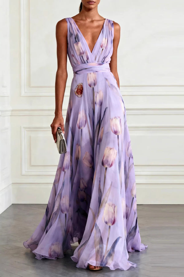 Vicky - Robe longue élégante sans manches à imprimé floral et col en V
