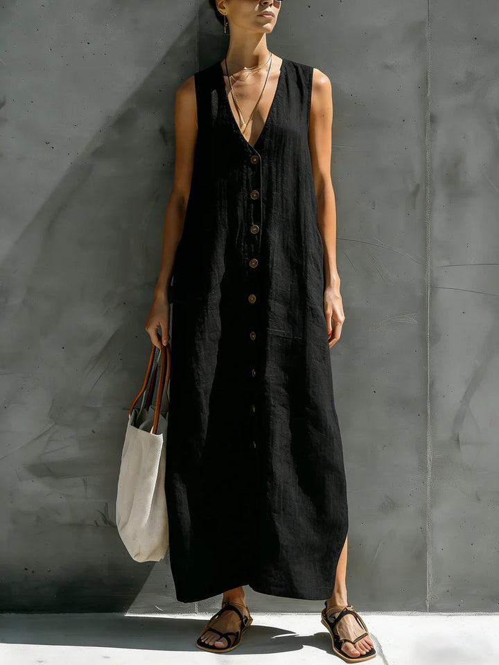 Madeline - Robe longue décontractée ample sans manches à col V boutonné