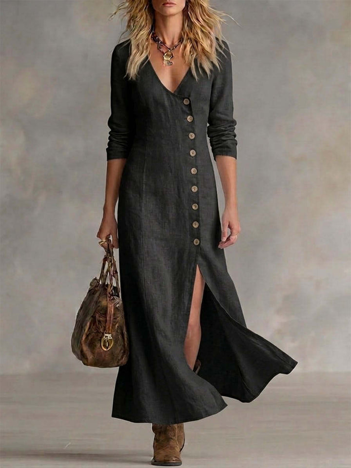 Hannelie - Robe élégante à col V manches longues avec boutons