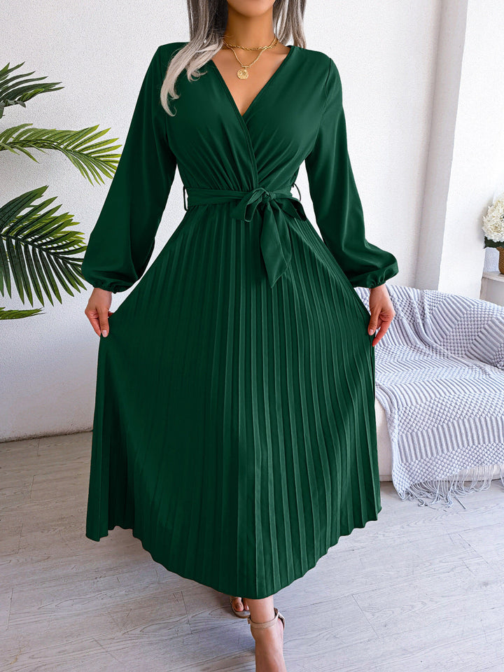 Jenna - Robe maxi élégante à manches longues plissée avec taille nouée