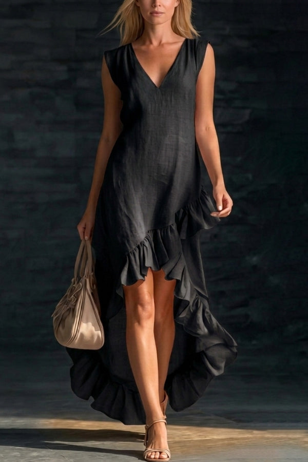 Velinda - Robe longue élégante et ample à col en V sans manches avec ourlet volanté