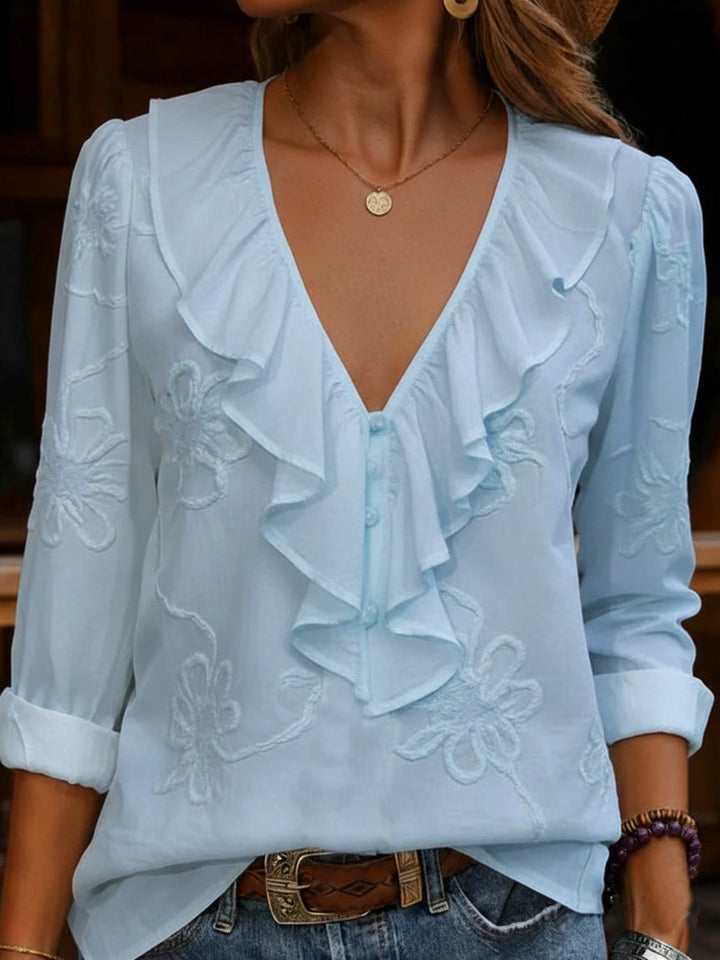 Denise - Blouse élégante à col V avec broderie florale et volants