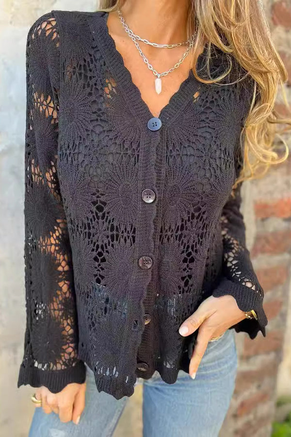 Joyana - Cardigan élégant boutonné en dentelle ajourée