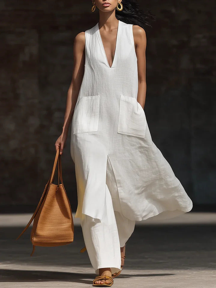 Vania - Ensemble élégant robe ample sans manches à col V avec fente avant et pantalon