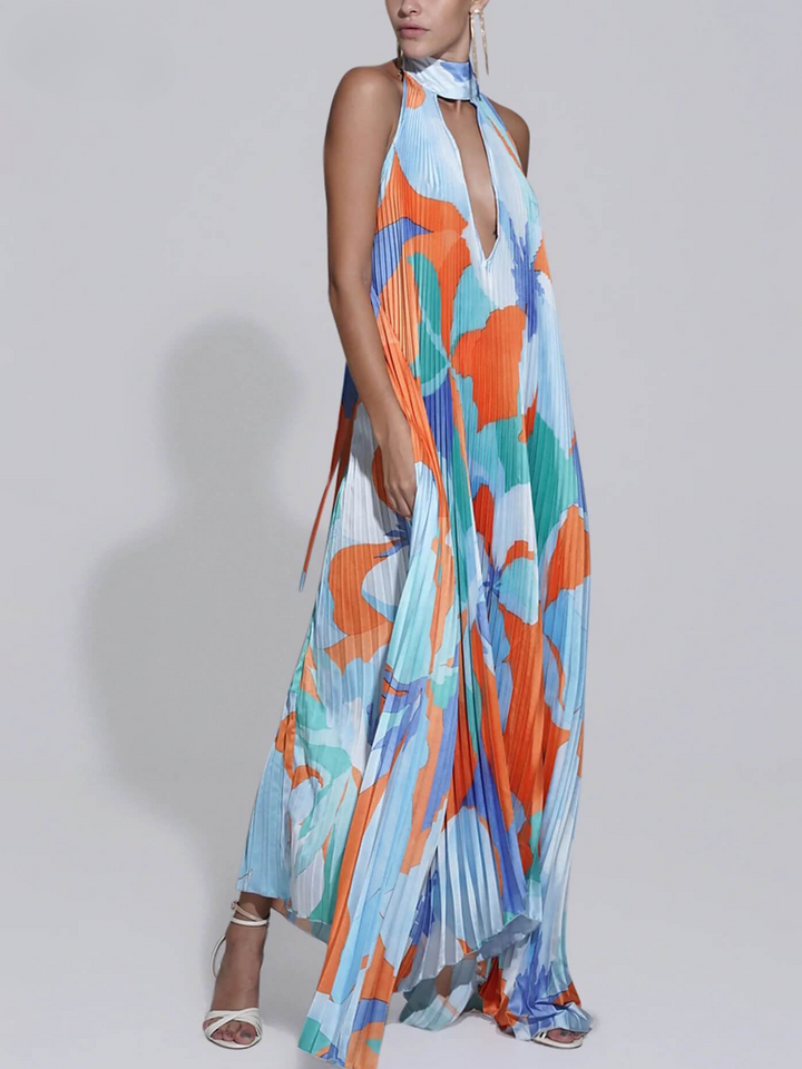 Placida | Robe Évasée Plissée Dos Nu à Imprimé Géométrique pour Femmes