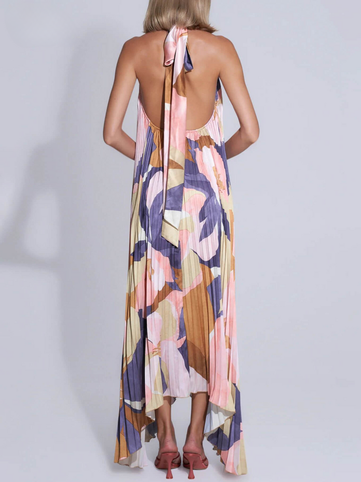 Placida | Robe Évasée Plissée Dos Nu à Imprimé Géométrique pour Femmes