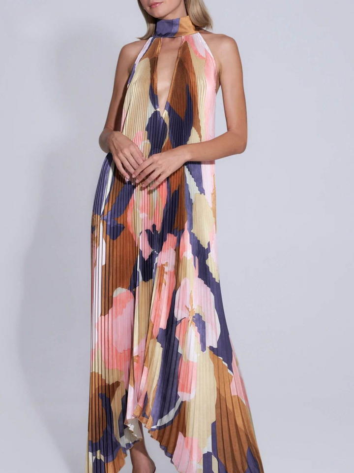 Placida | Robe Évasée Plissée Dos Nu à Imprimé Géométrique pour Femmes