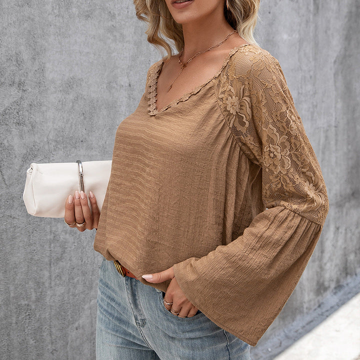 Lianna - Blouse élégante stylée ample à col en V en dentelle à manches longues