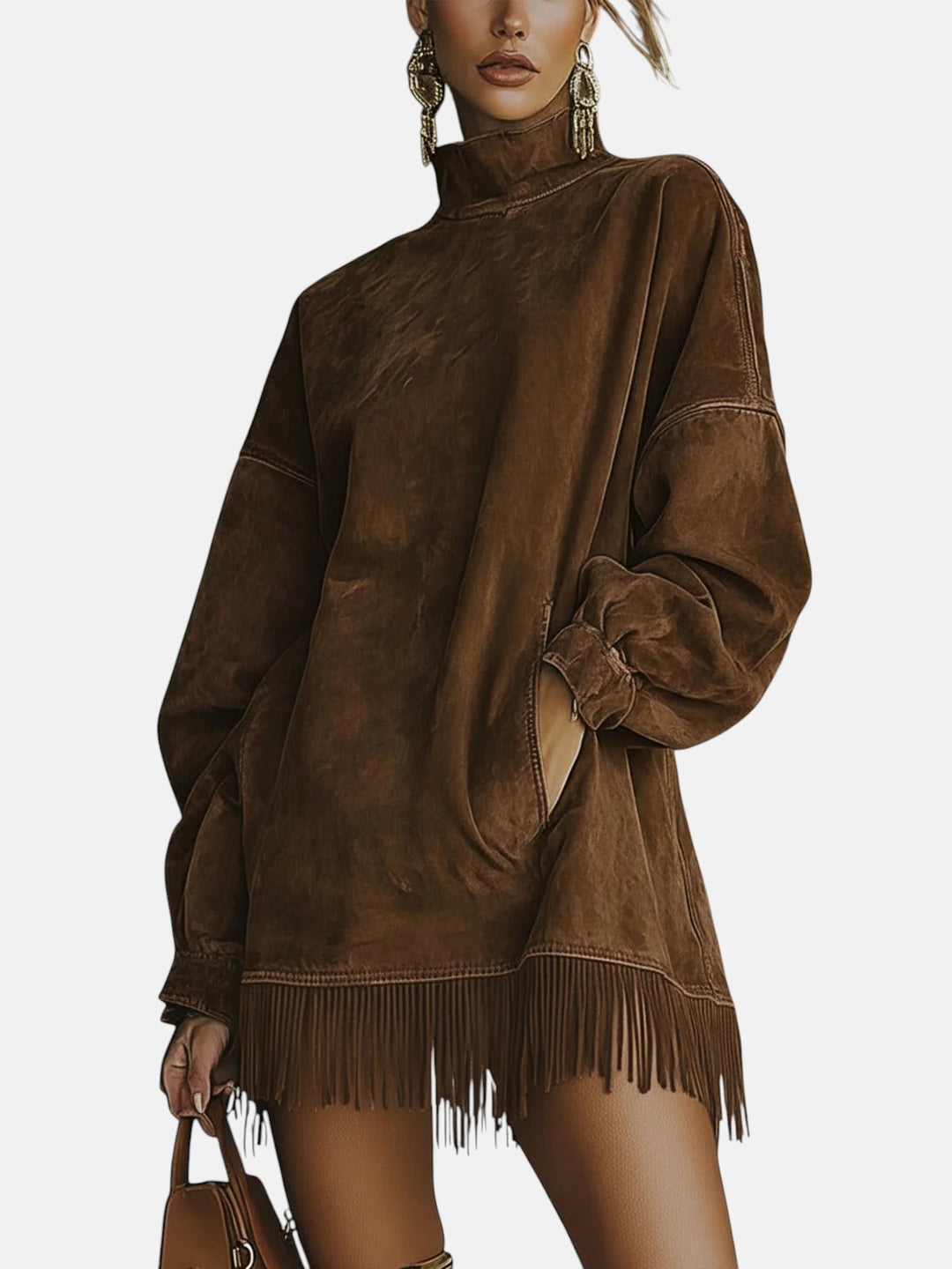 Valeth - Robe chaude en suédine avec franges et manches longues
