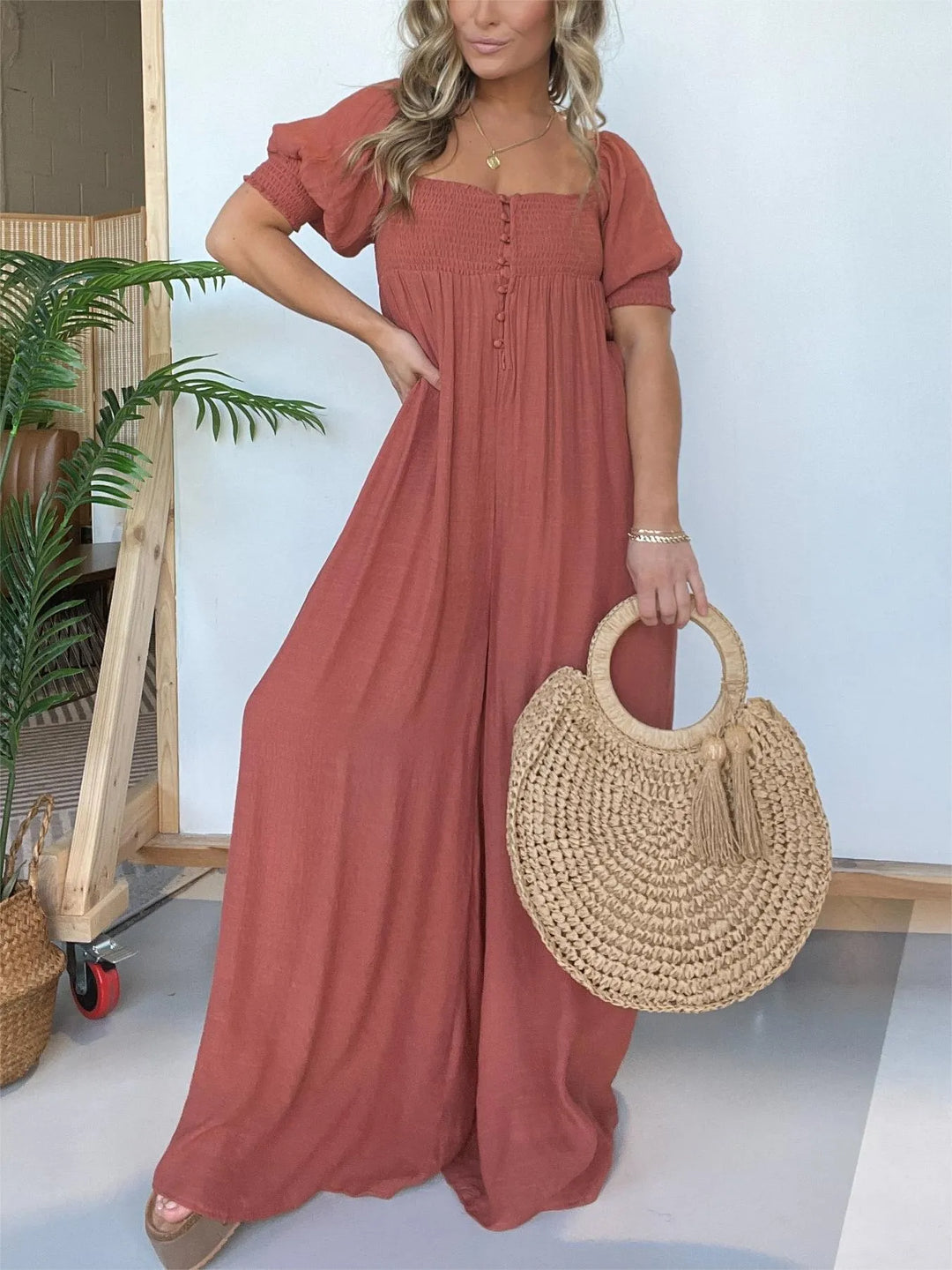 Nadia | Robe de femme avec corsage smocké Bouton
