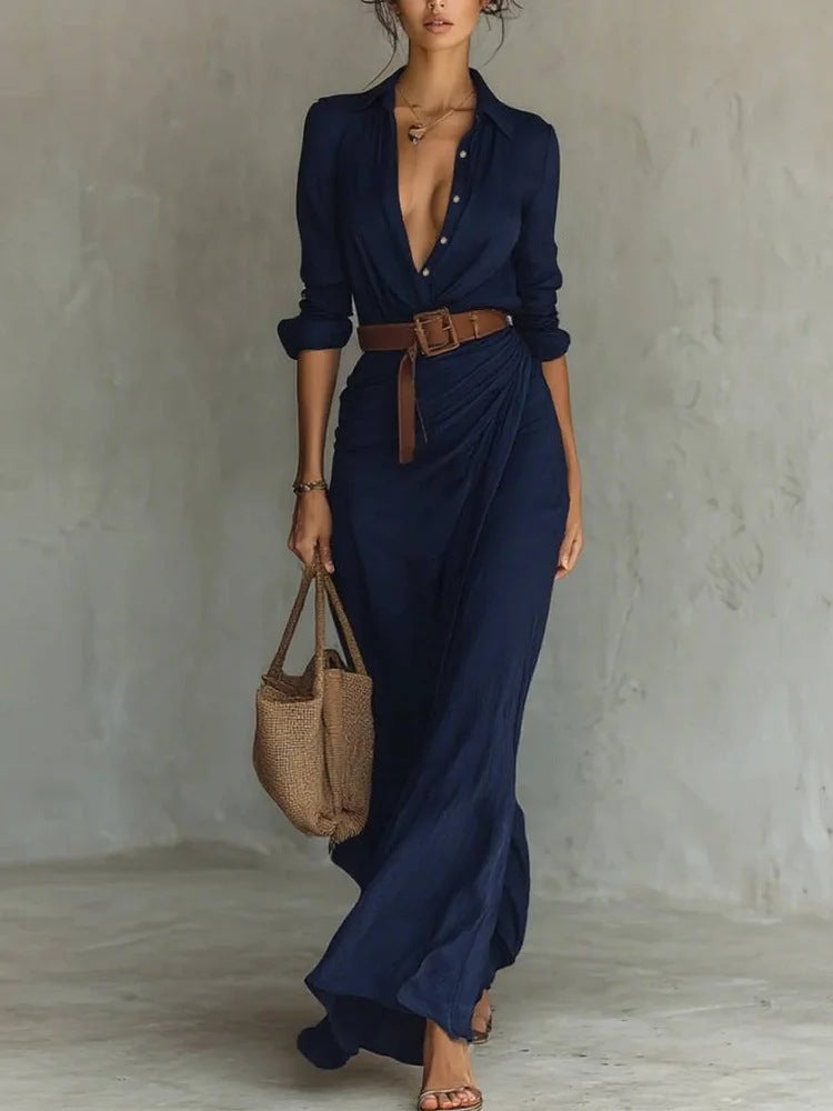 Wendolyn - Robe maxi élégante portefeuille à manches longues avec ceinture