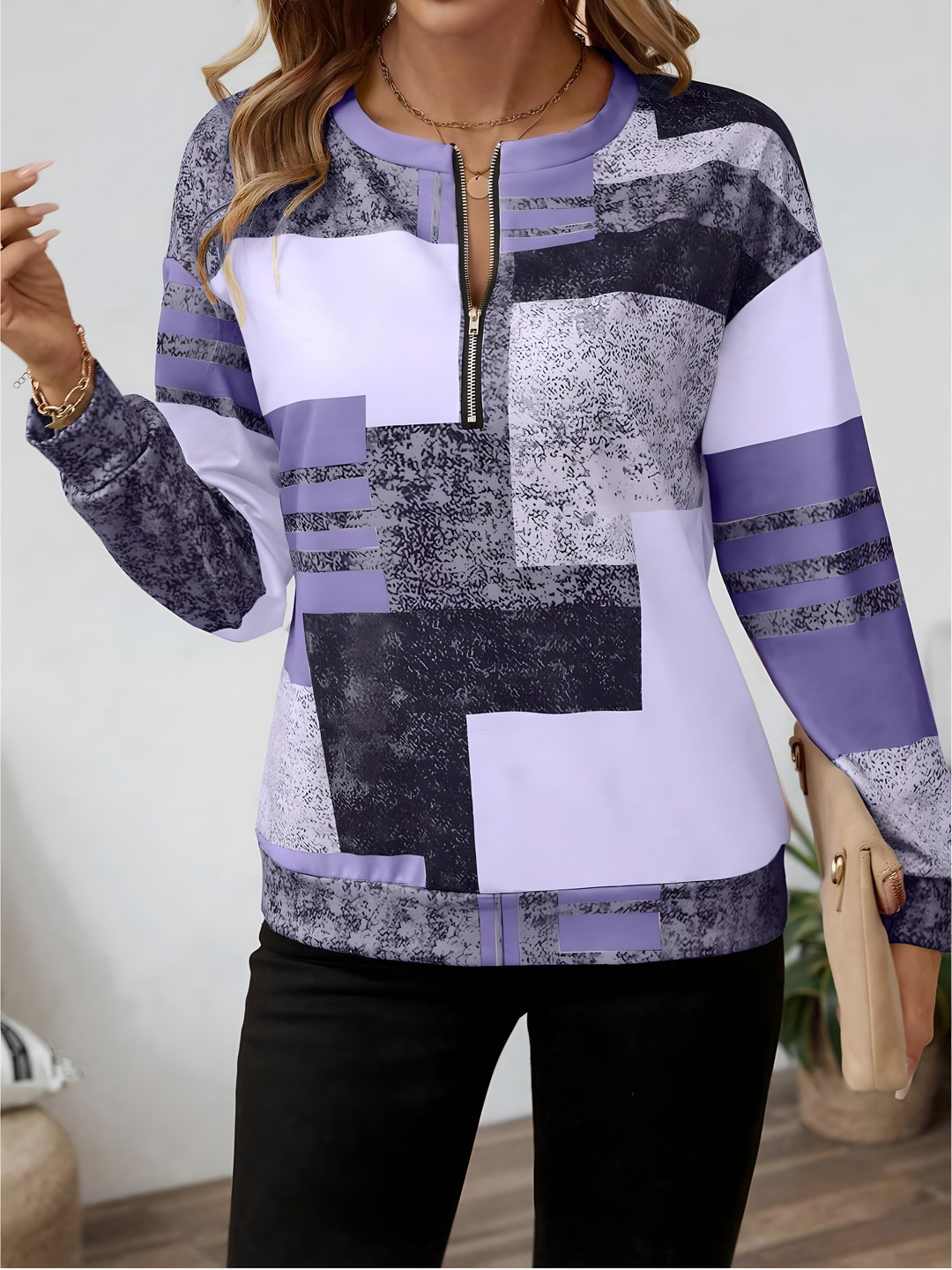 Karah - Pull Vintage Stylé avec Empiècements Colorés et Demi-Zip
