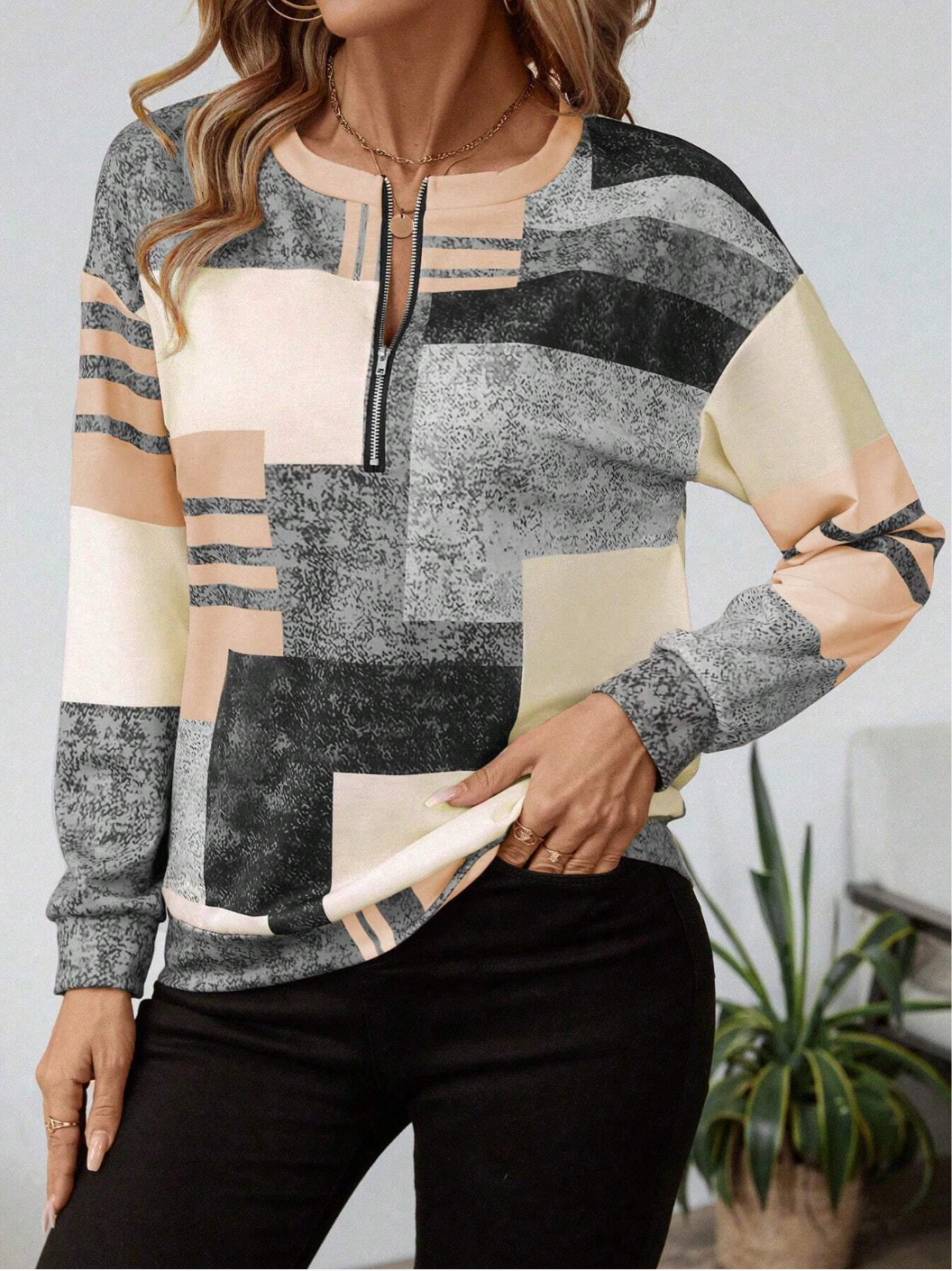 Karah - Pull Vintage Stylé avec Empiècements Colorés et Demi-Zip