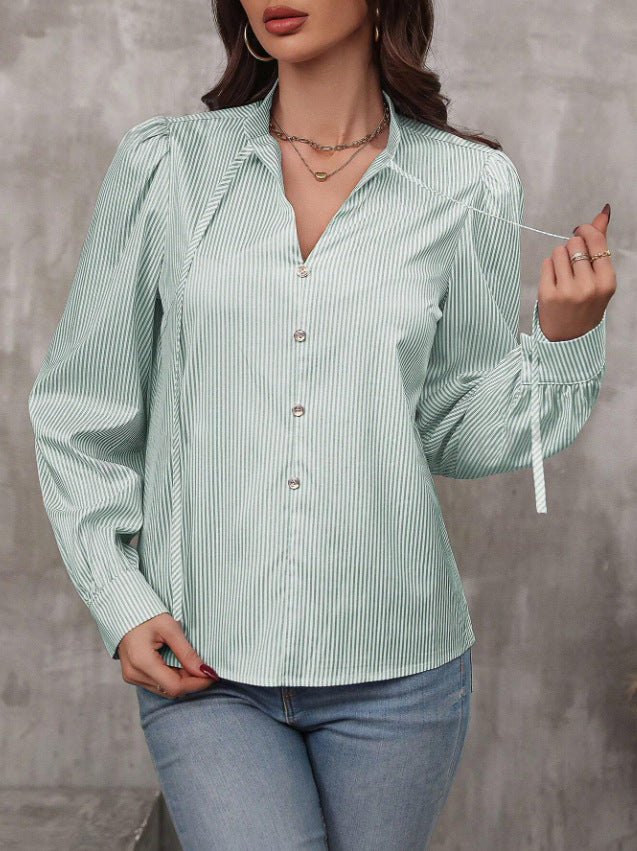 Audrey - Blouse élégante rayée à manches longues avec col V et boutons