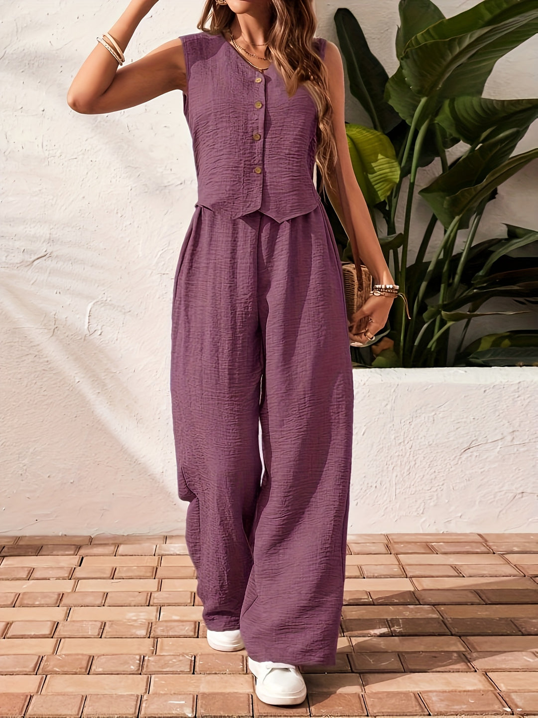 Nashira - Ensemble stylé top sans manches à boutons et pantalon