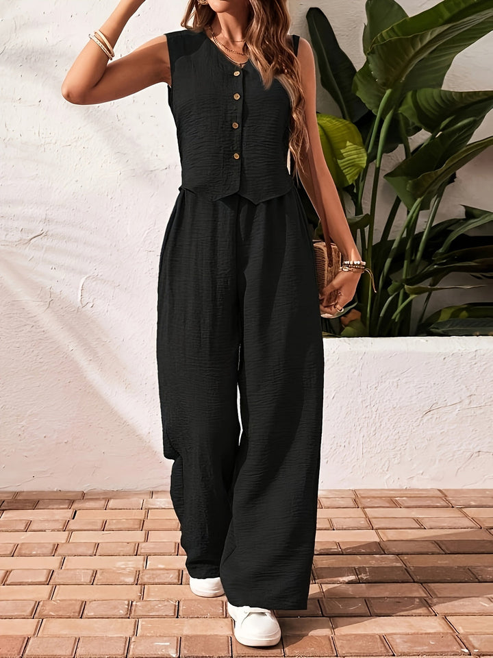 Nashira - Ensemble stylé top sans manches à boutons et pantalon