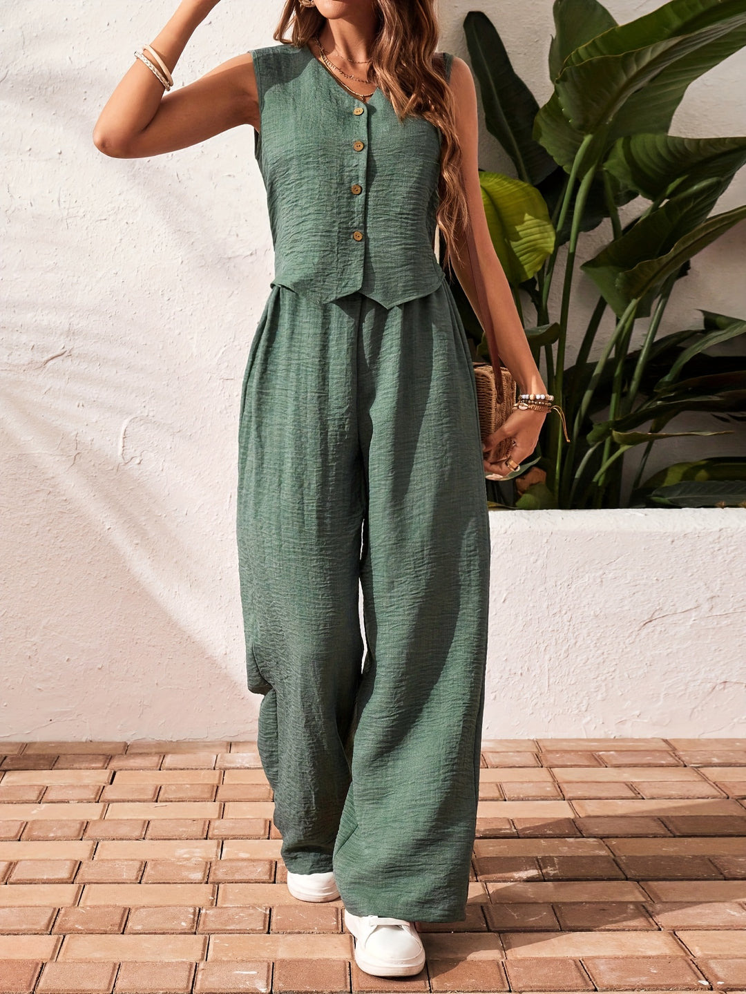 Nashira - Ensemble stylé top sans manches à boutons et pantalon