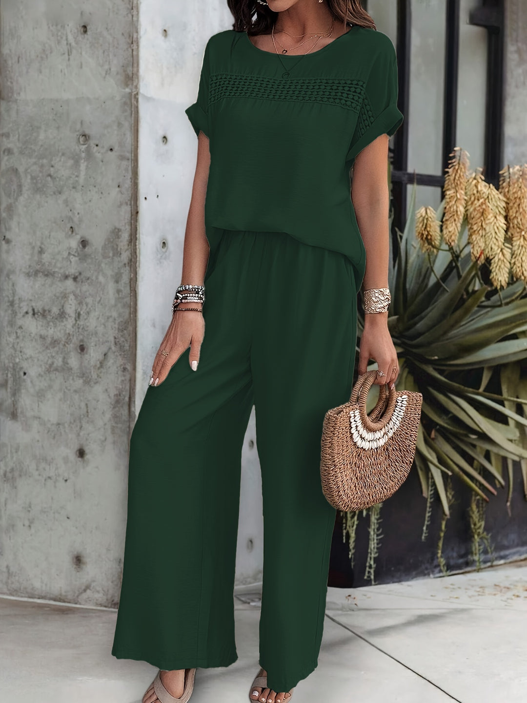 Zayda - Ensemble décontracté blouse manches courtes et pantalon large
