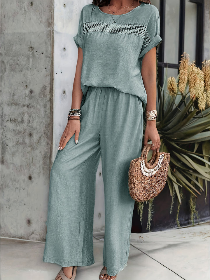 Zayda - Ensemble décontracté blouse manches courtes et pantalon large