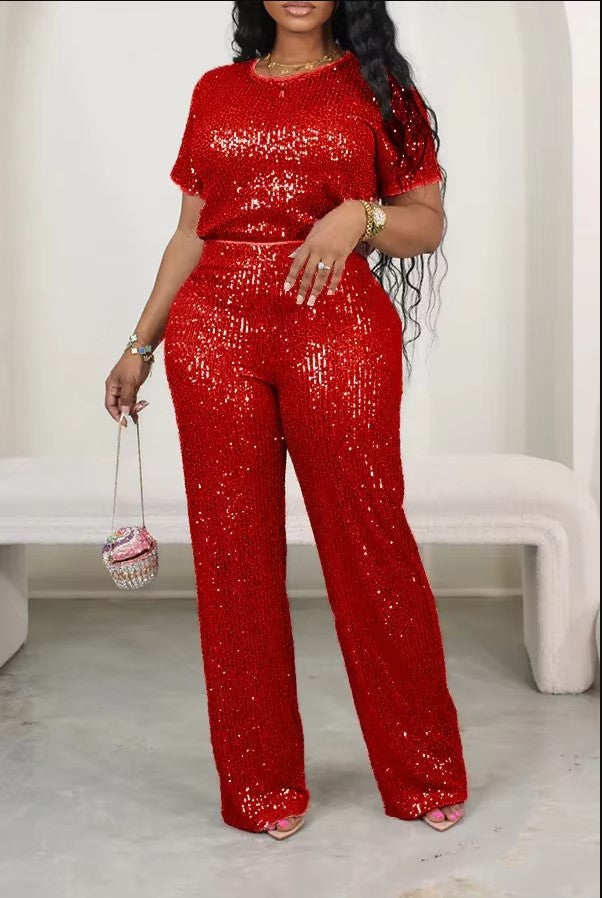 Adriana - Ensemble stylé t-shirt à sequins et pantalon taille haute