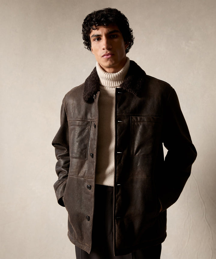 Grey | Veste Chore en cuir et shearling pour homme
