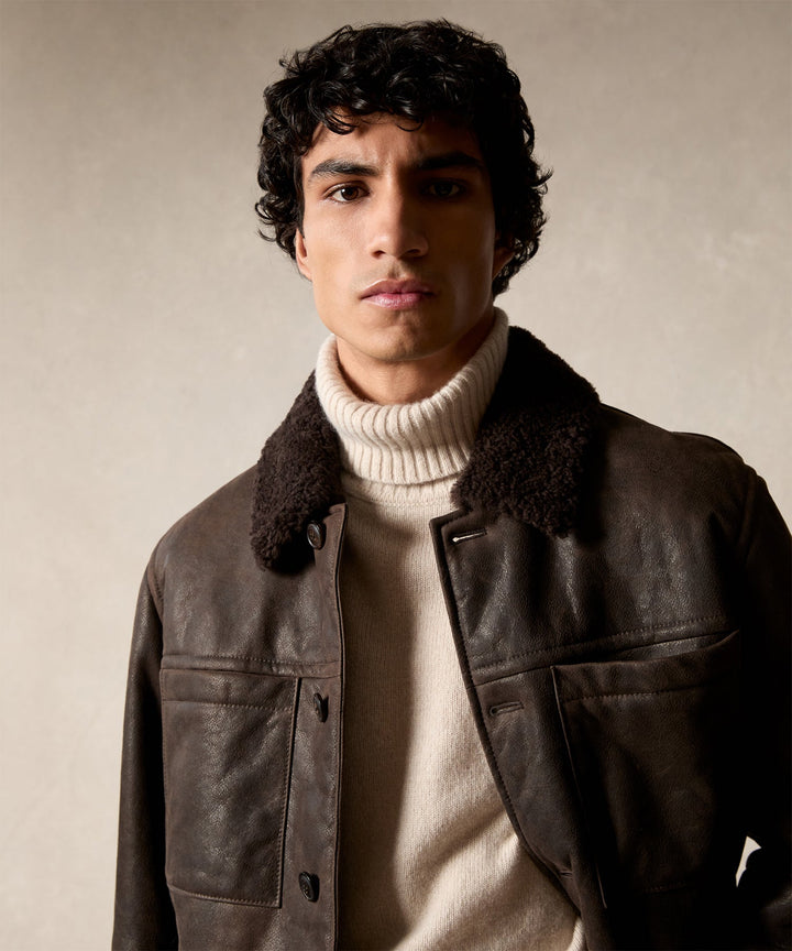 Grey | Veste Chore en cuir et shearling pour homme