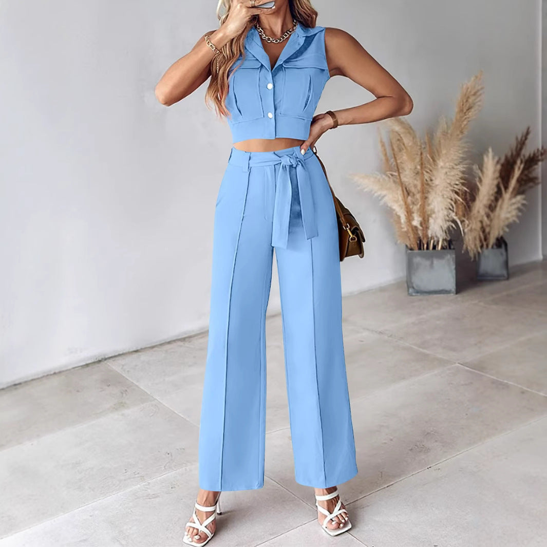 Anna - Ensemble stylé crop top sans manches et pantalon taille haute