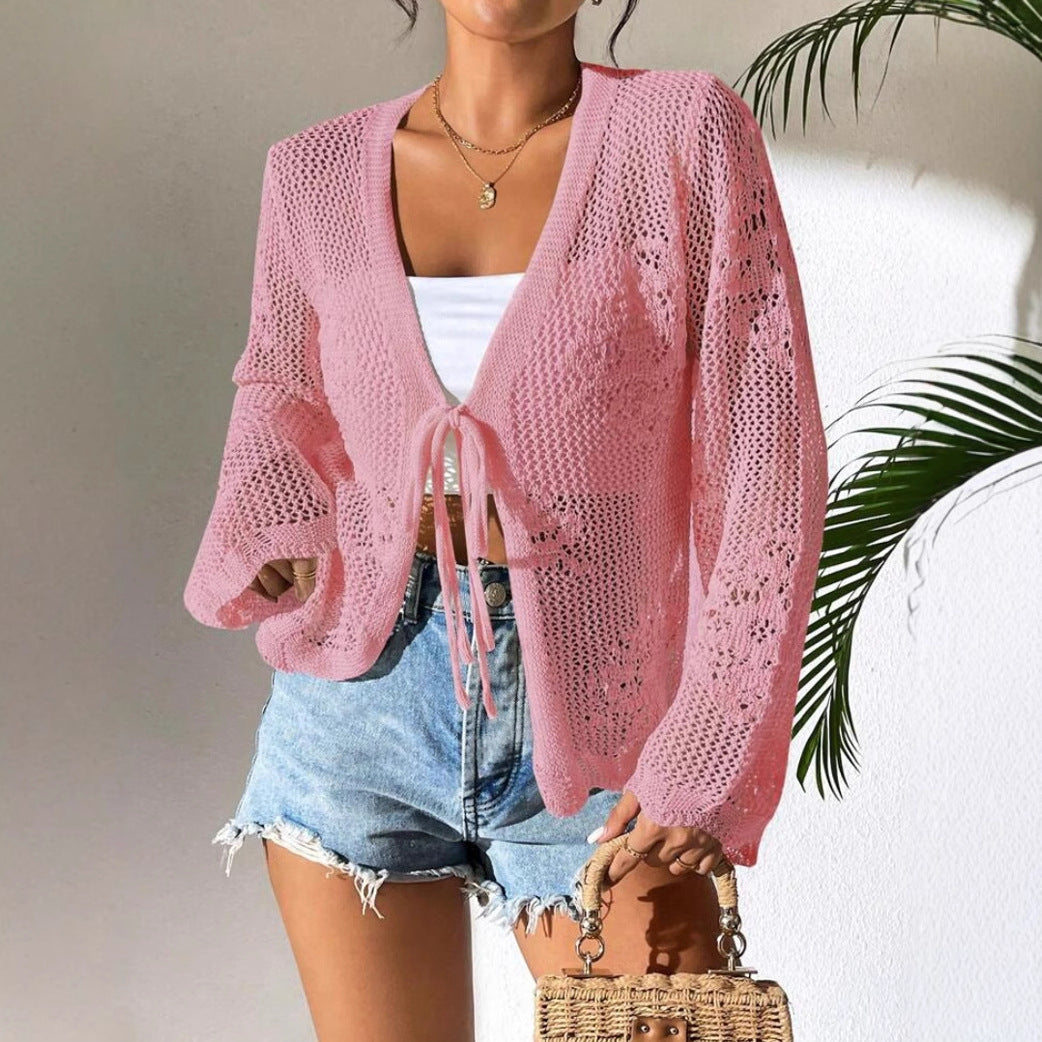 Rozlyn - Cardigan ample élégant ajouré à nouer sur le devant