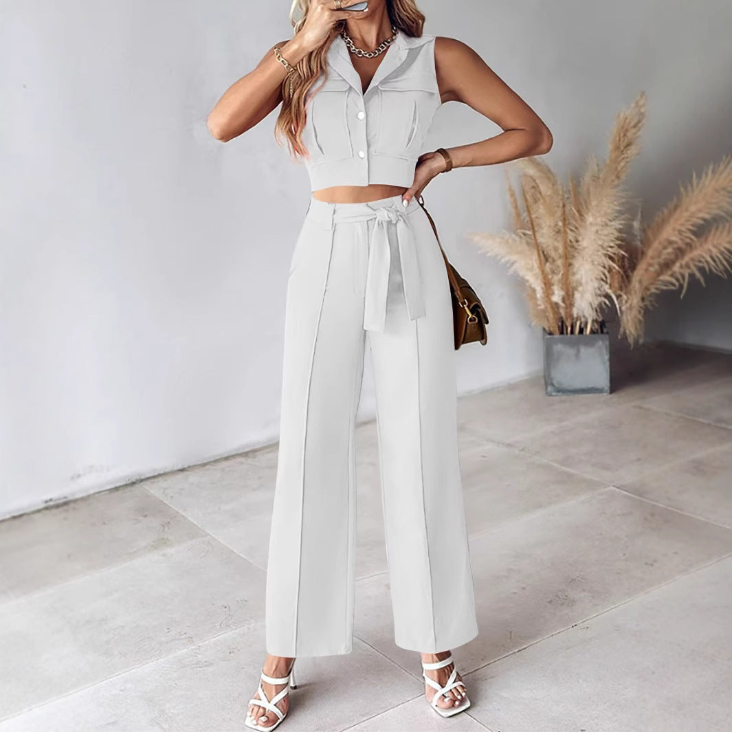 Anna - Ensemble stylé crop top sans manches et pantalon taille haute