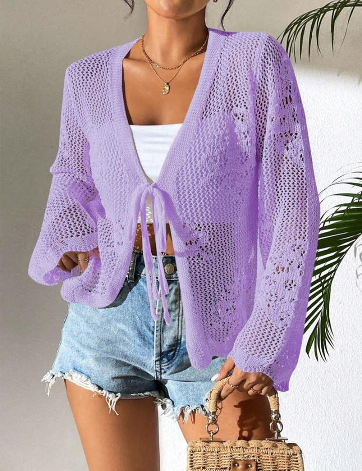 Rozlyn - Cardigan ample élégant ajouré à nouer sur le devant