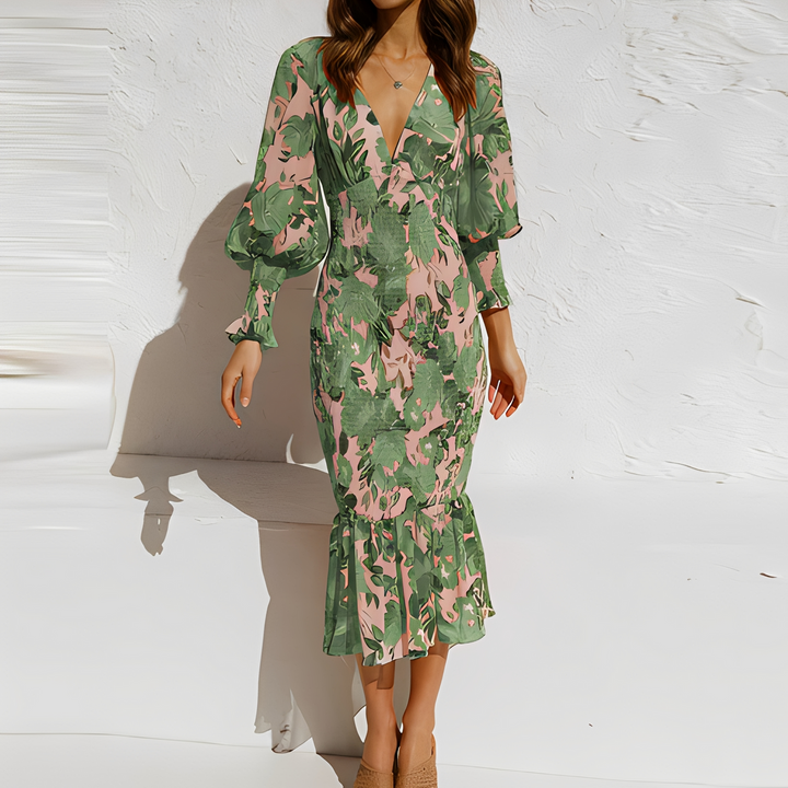 Esme - Robe longue élégante à fleurs avec volants et manches longues